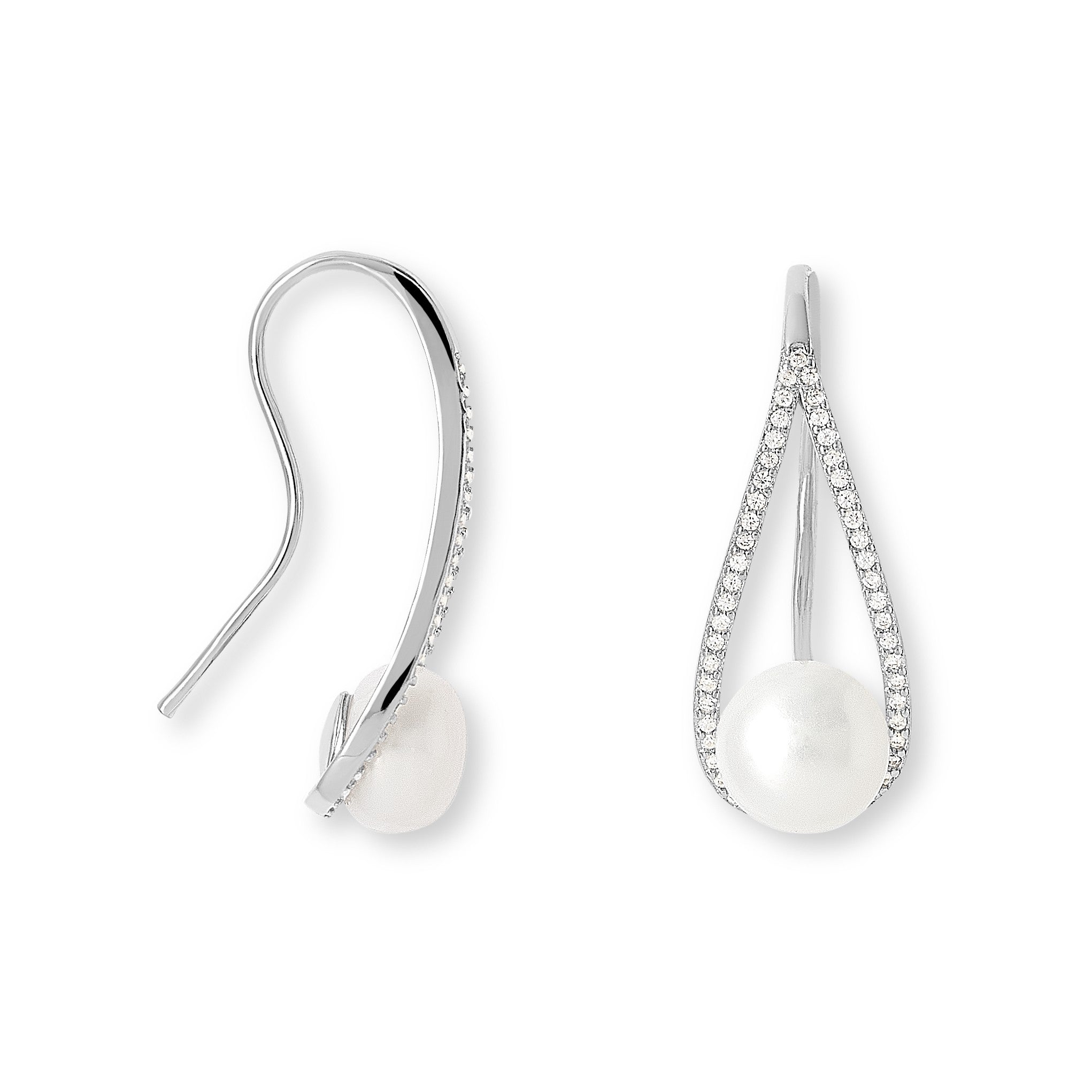 White Cultured Pearl Earrings On Long Pave Hooks
