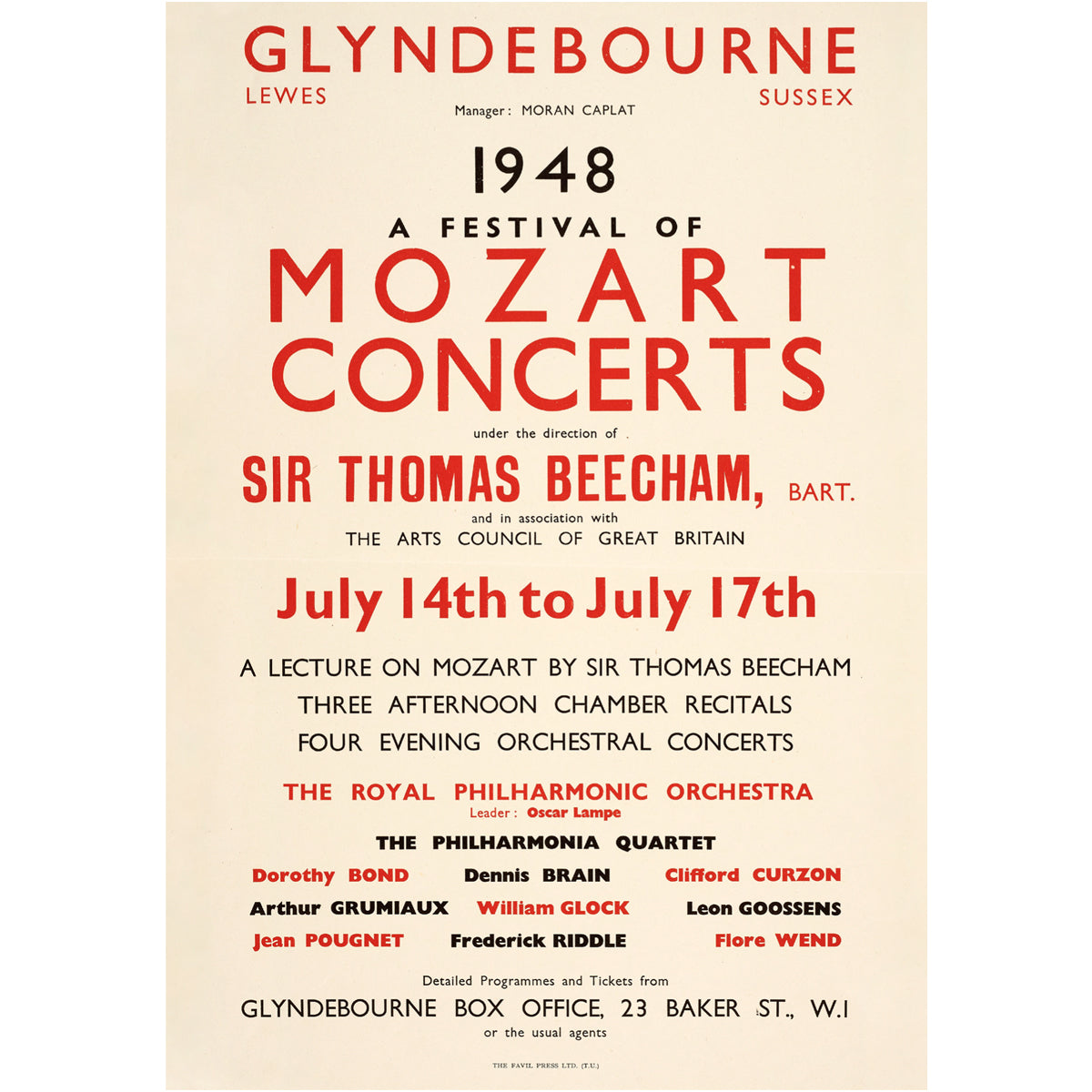 Glyndebourne Greetings Card 'A Festival of Mozart Concerts' Poster, 1948 Glyndebourne Shop