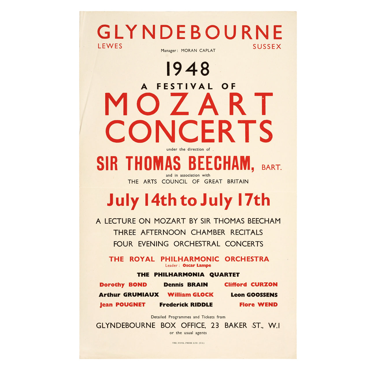 Glyndebourne Mozart Concerts 1948 Poster Glyndebourne Shop