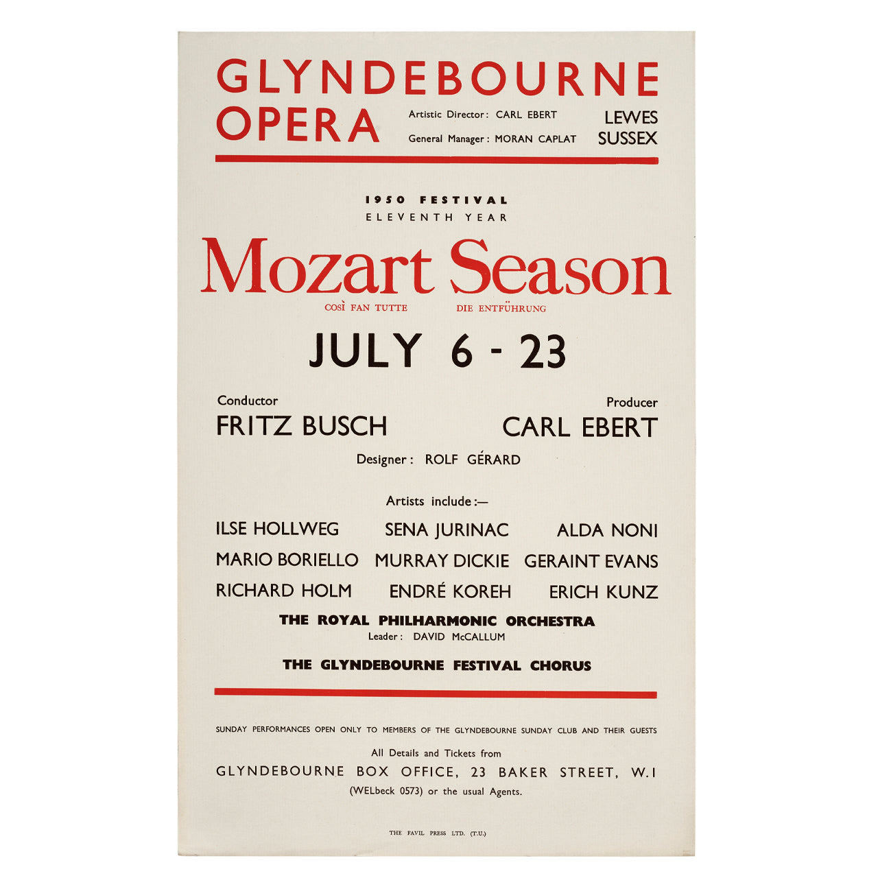 Glyndebourne Opera Mozart Season 1950 Poster Glyndebourne Shop