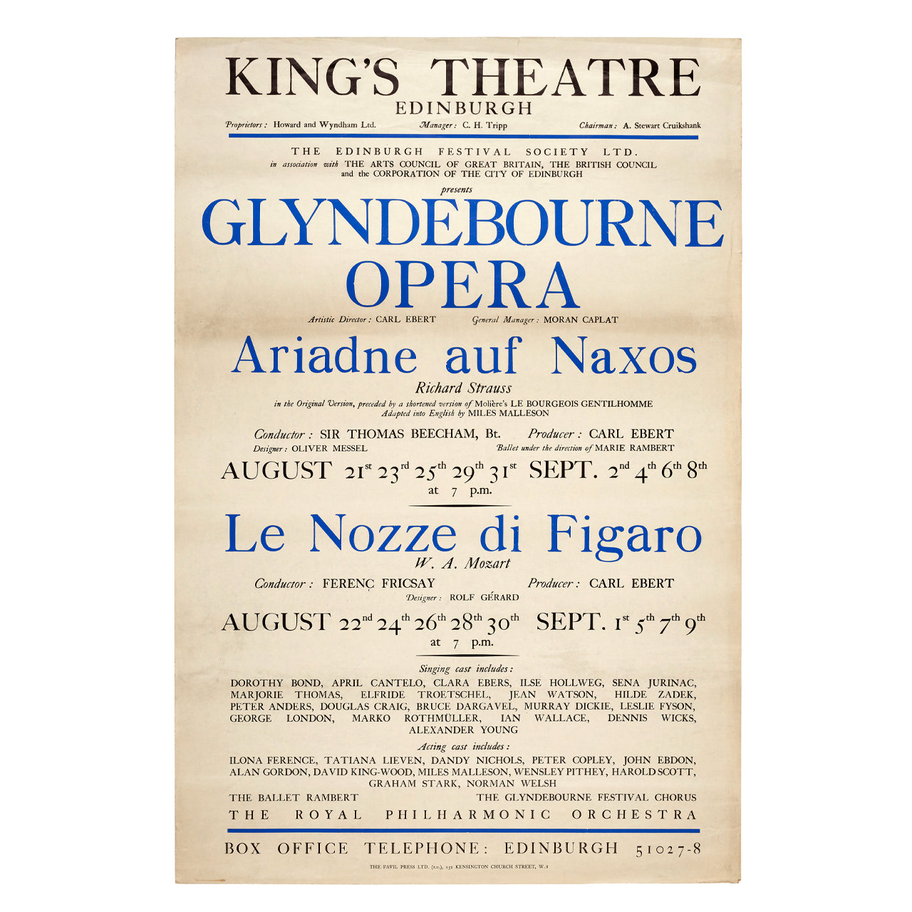 Glyndebourne Opera at the Edinburgh Festival 1950 Poster Glyndebourne Shop