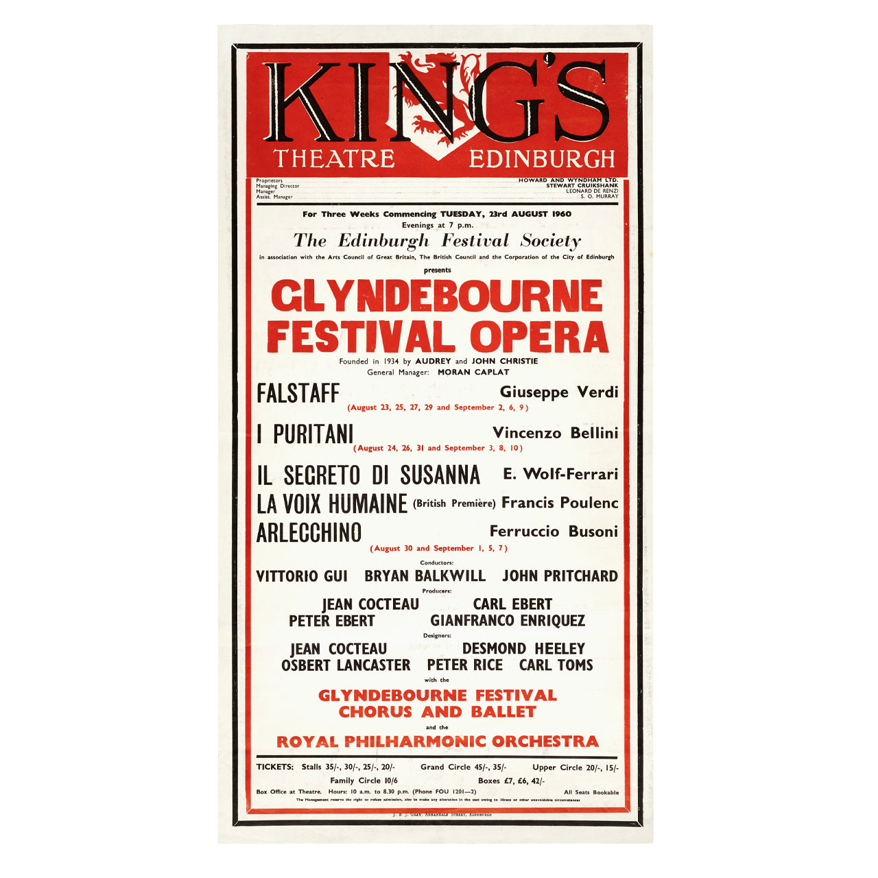Glyndebourne Opera at the Edinburgh Festival 1960 Poster Glyndebourne Shop