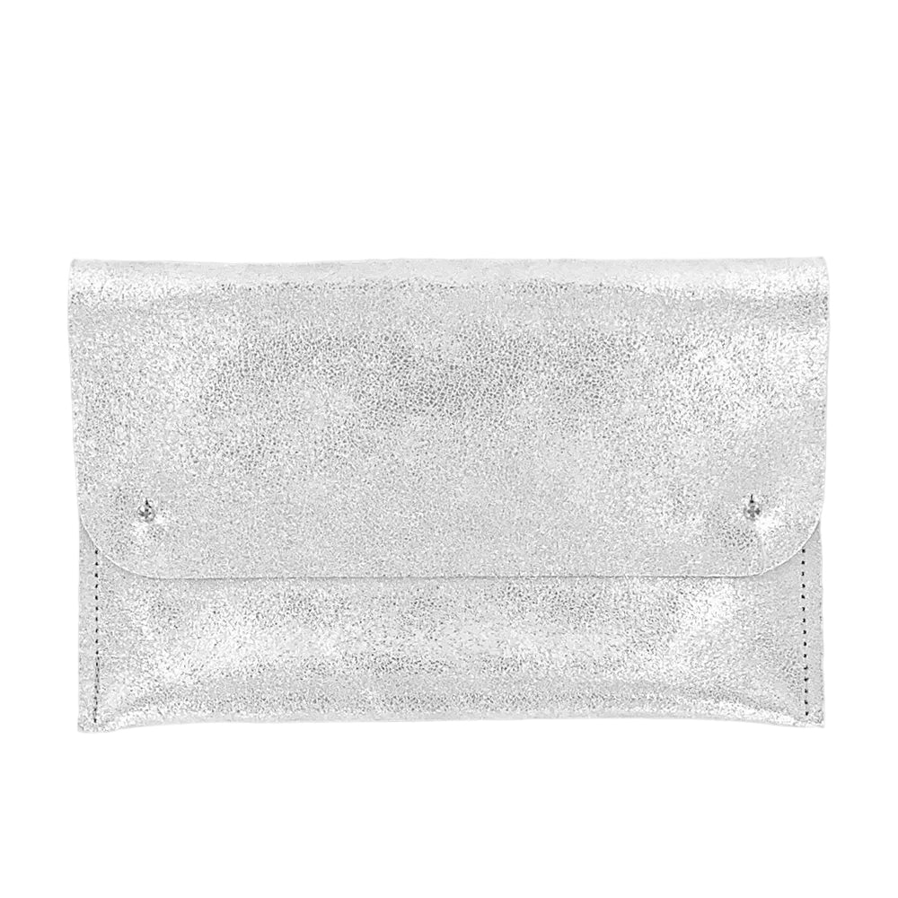 A silver glitter clutch bag with a flap closure and two small rhinestone studs, shown flat against a white background.