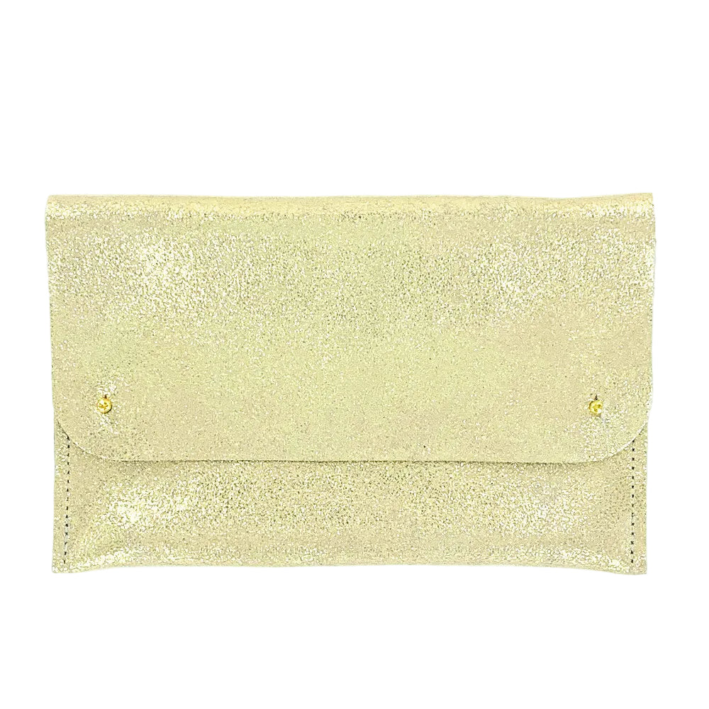 A rectangular clutch envelope bag in a textured, glittery gold material, featuring two small gold metal studs on the flap, set against a plain white background.