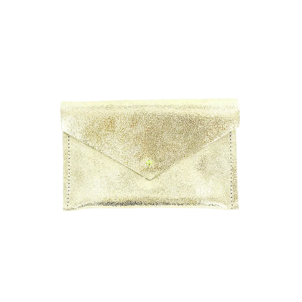 A small metallic gold envelope-style clutch or card holder with a flap closure and a tiny light green gemstone accent, shown on a plain white background.