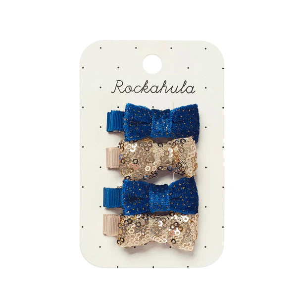 Mini Blue & Gold Bow Clip Set