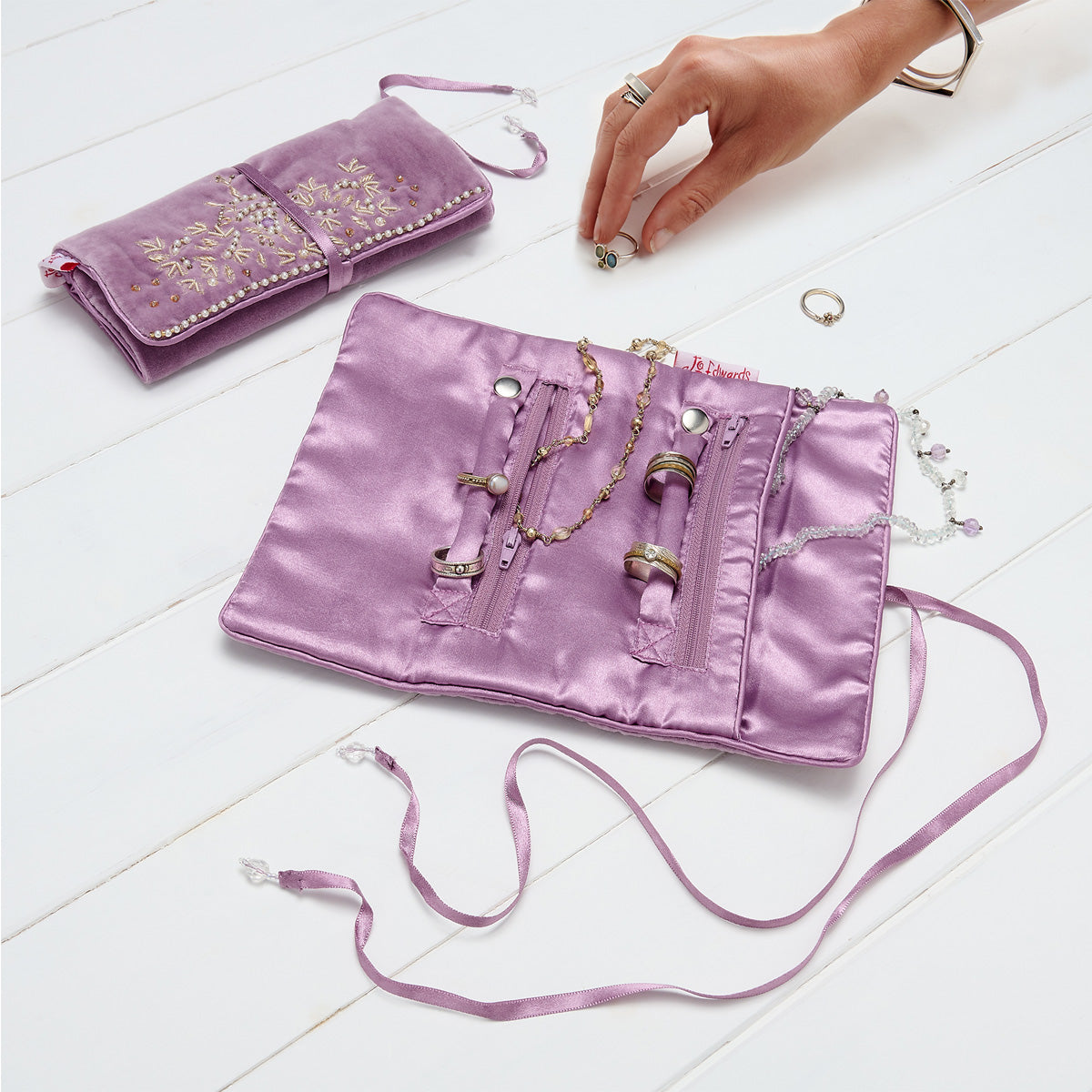 Lilac Velvet Jewellery Roll With Gold Embroidery & Satin Lining