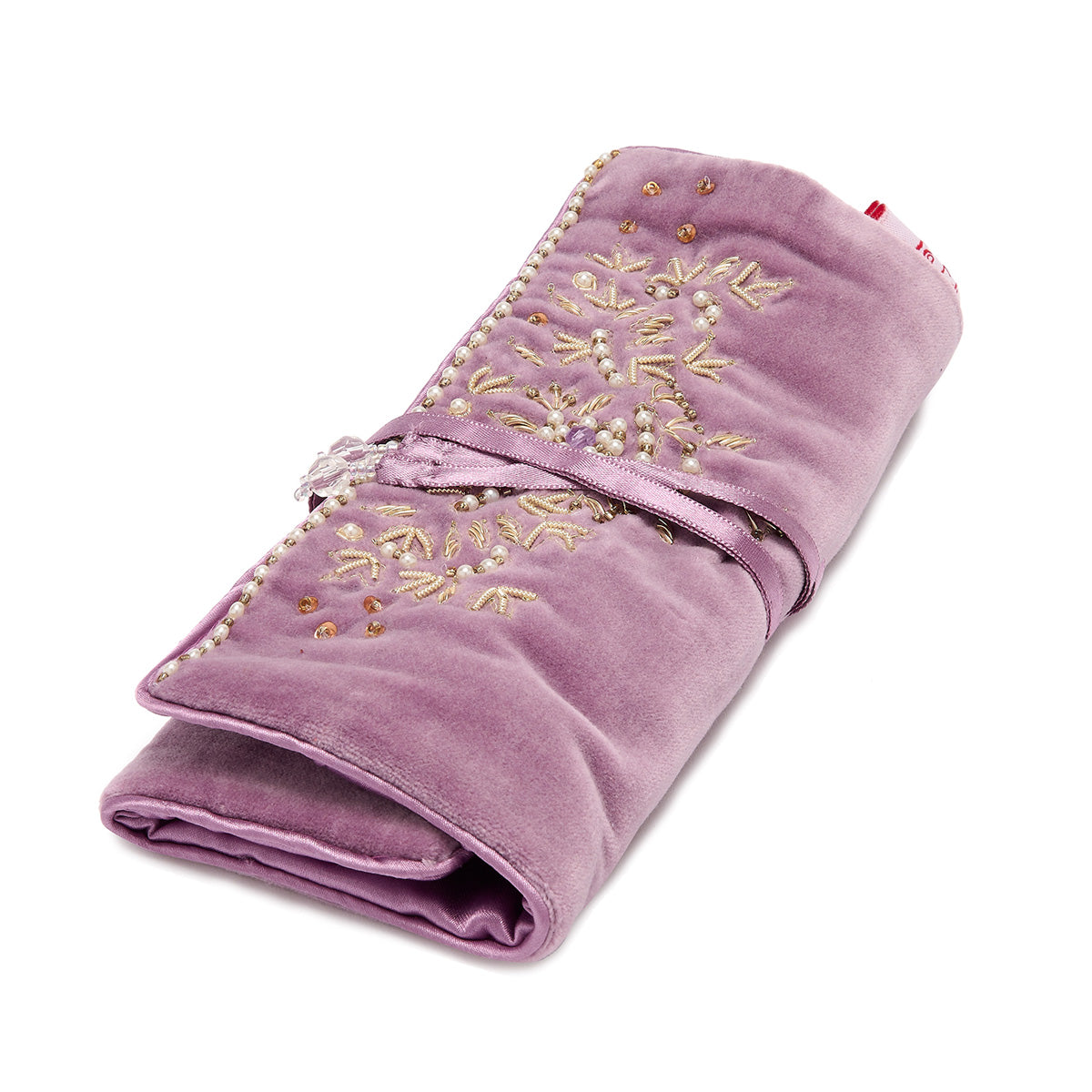 Lilac Velvet Jewellery Roll With Gold Embroidery & Satin Lining