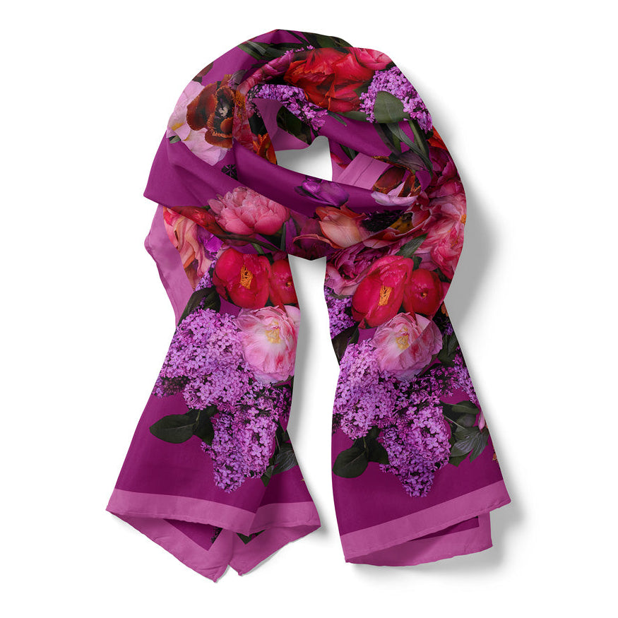 Lilacs Peonies & Tulips Long Lilac Border Silk Scarf
