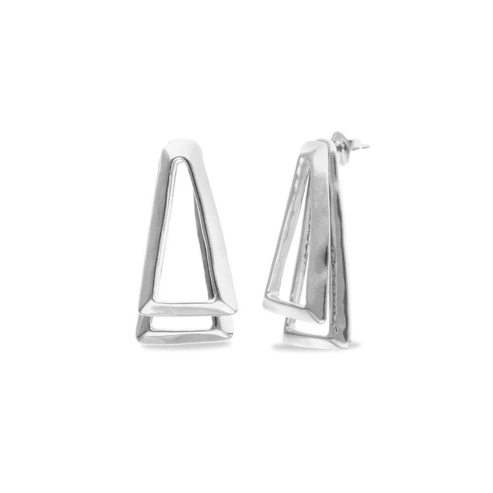 A pair of silver geometric open-frame hoop earrings with a triangular design, shown from two angles on a plain white background.