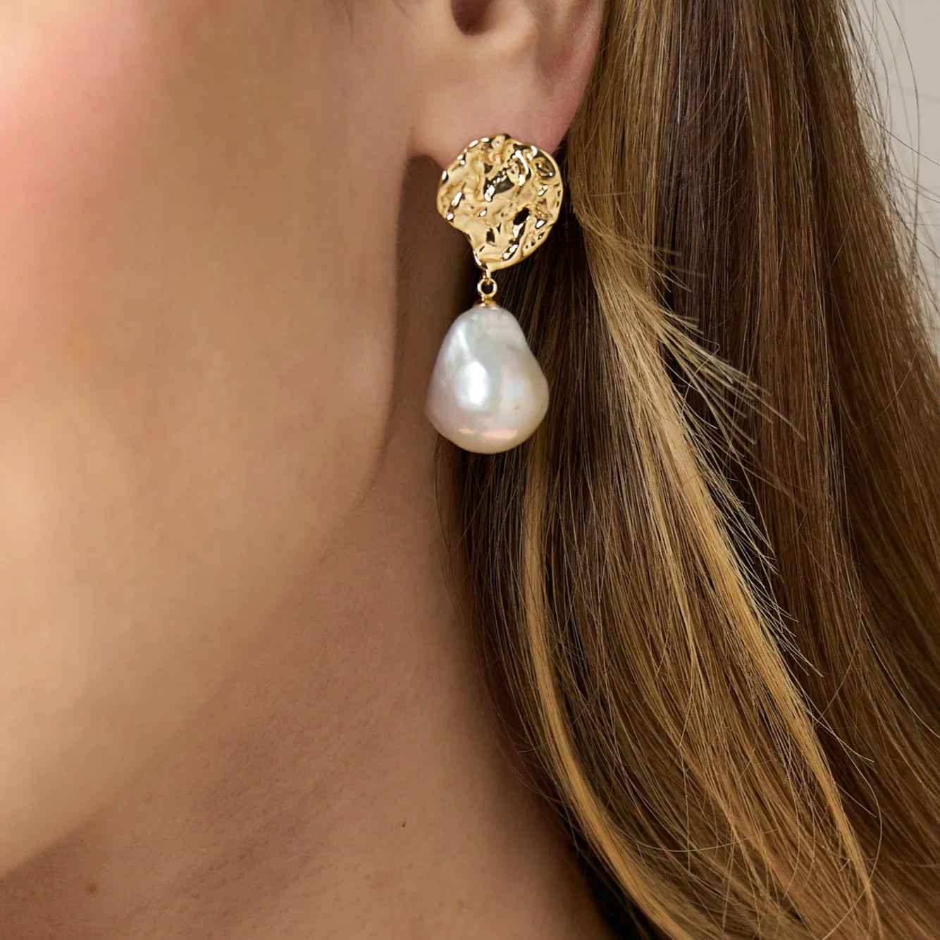 Molten Gold & Large Baroque Cultured Freshwater Pearl Drop Earrings