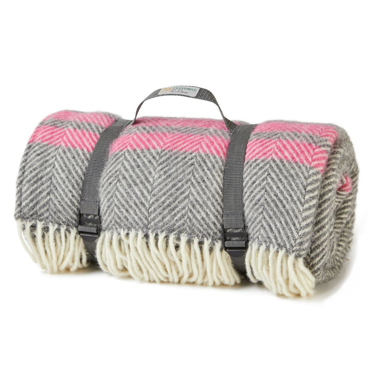 Pure Wool Fishbone Two Stripe Grey & Pink Picnic Rug Glyndebourne Shop