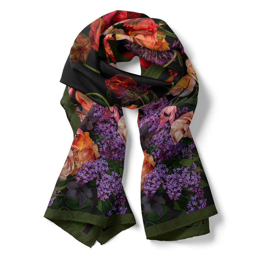 Red Avignon Long Green Border Silk Scarf