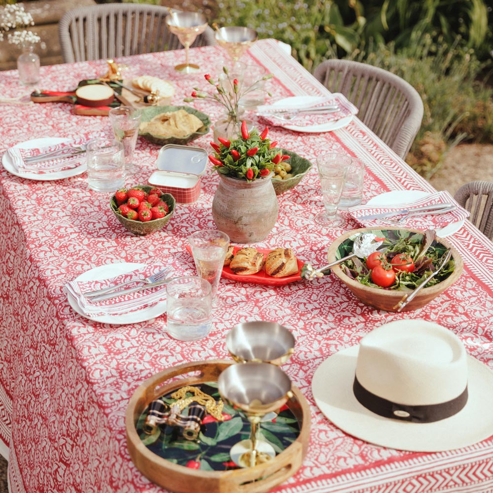 Red Floral Cotton Tablecloth