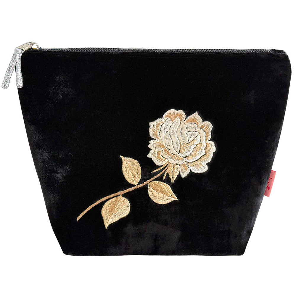 Rose Large Black Velvet Cosmetic Bag