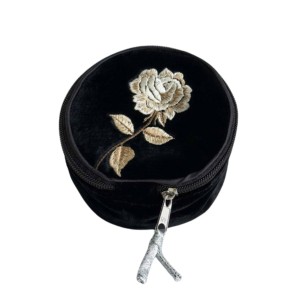 Rose Round Black Velvet Jewellery Purse