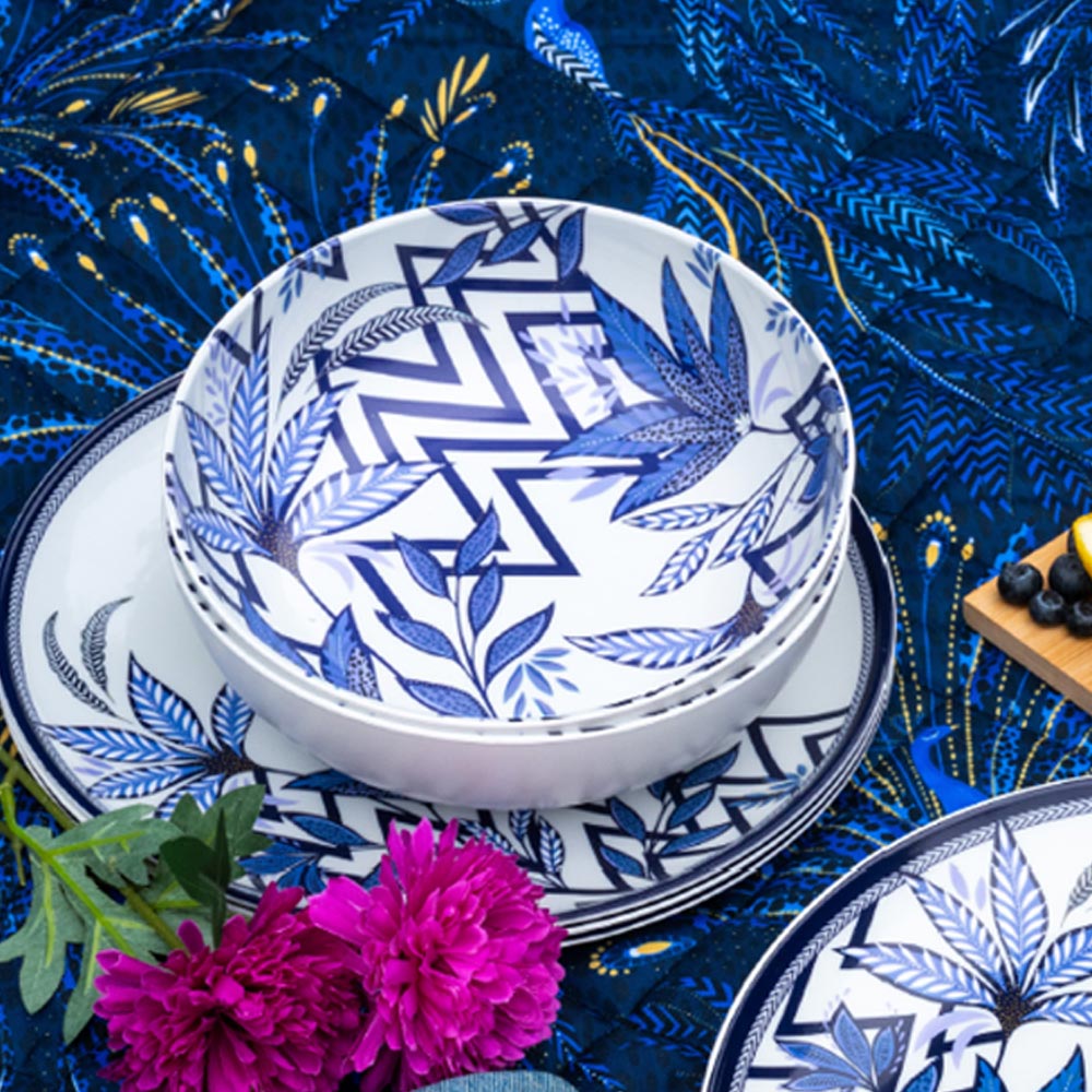 Indigo Cascading Leaves Picnic Bowl