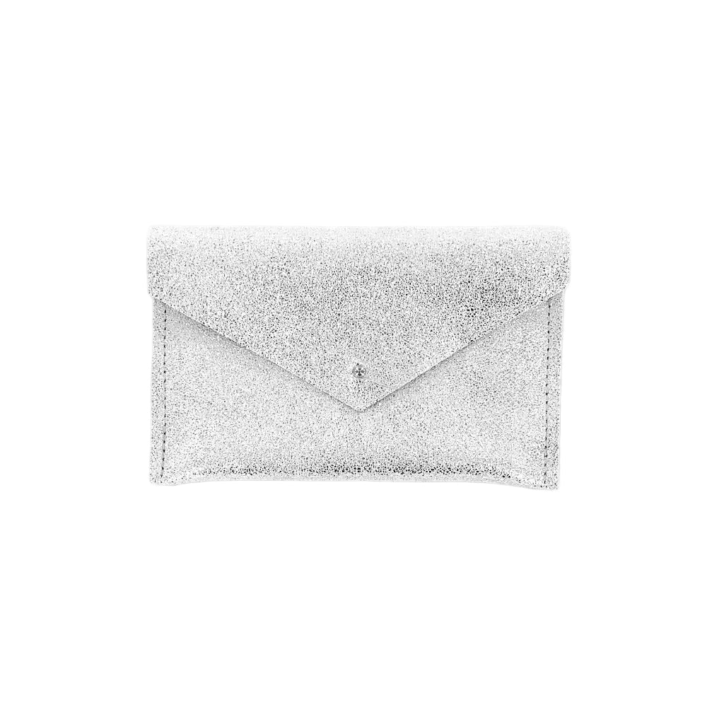 A small silver glitter envelope clutch purse with a pointed flap and a tiny central rhinestone, shown on a plain white background.