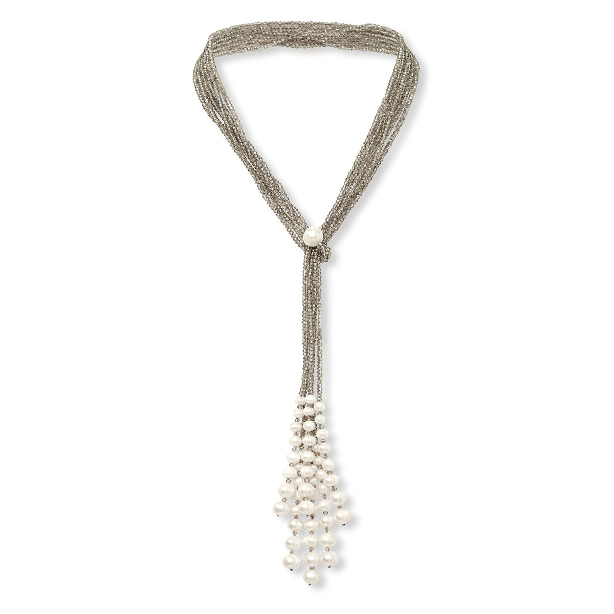 Tiny Smokey Crystals & Pearl Lariat Necklace