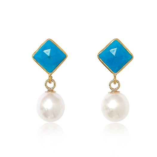 Turquoise & White Pearl Drop Earrings