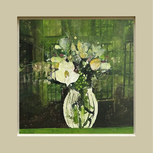 Flower vase in old green room by Julian Sutherland-Beatson