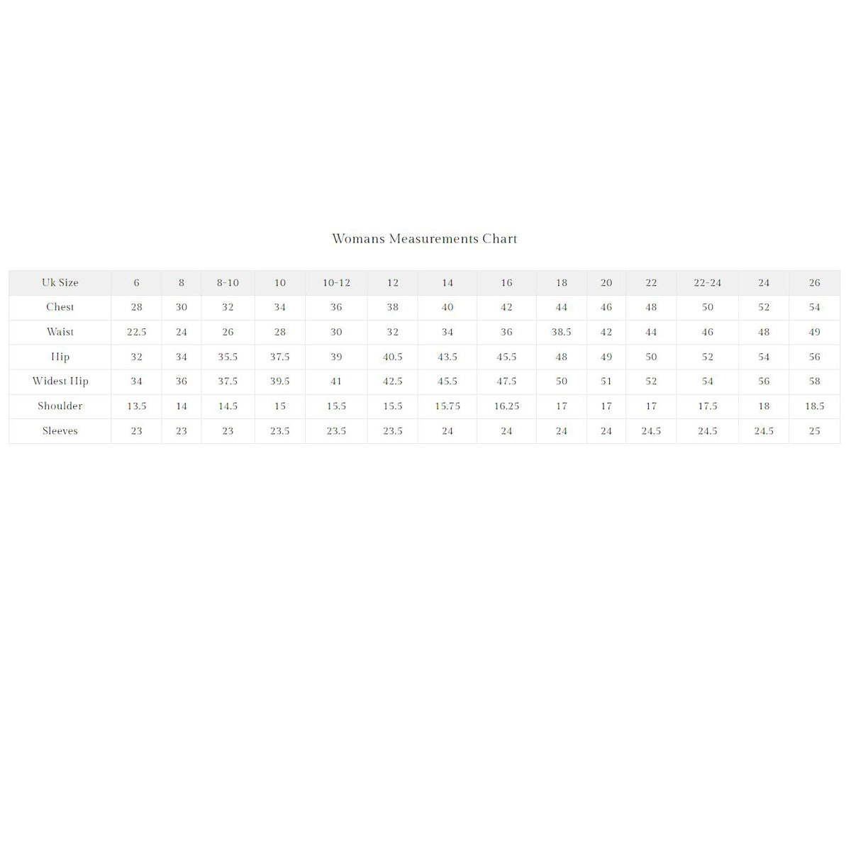 Coat Size Chart for Women