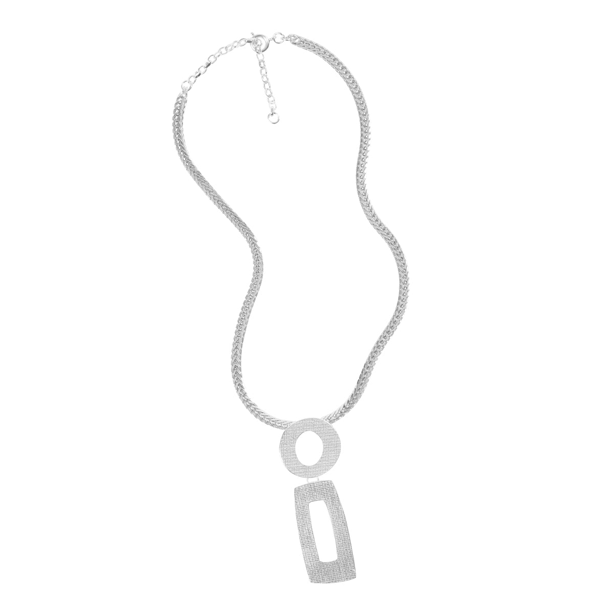 Woven Silver Round & Rectangular Pendant Necklace