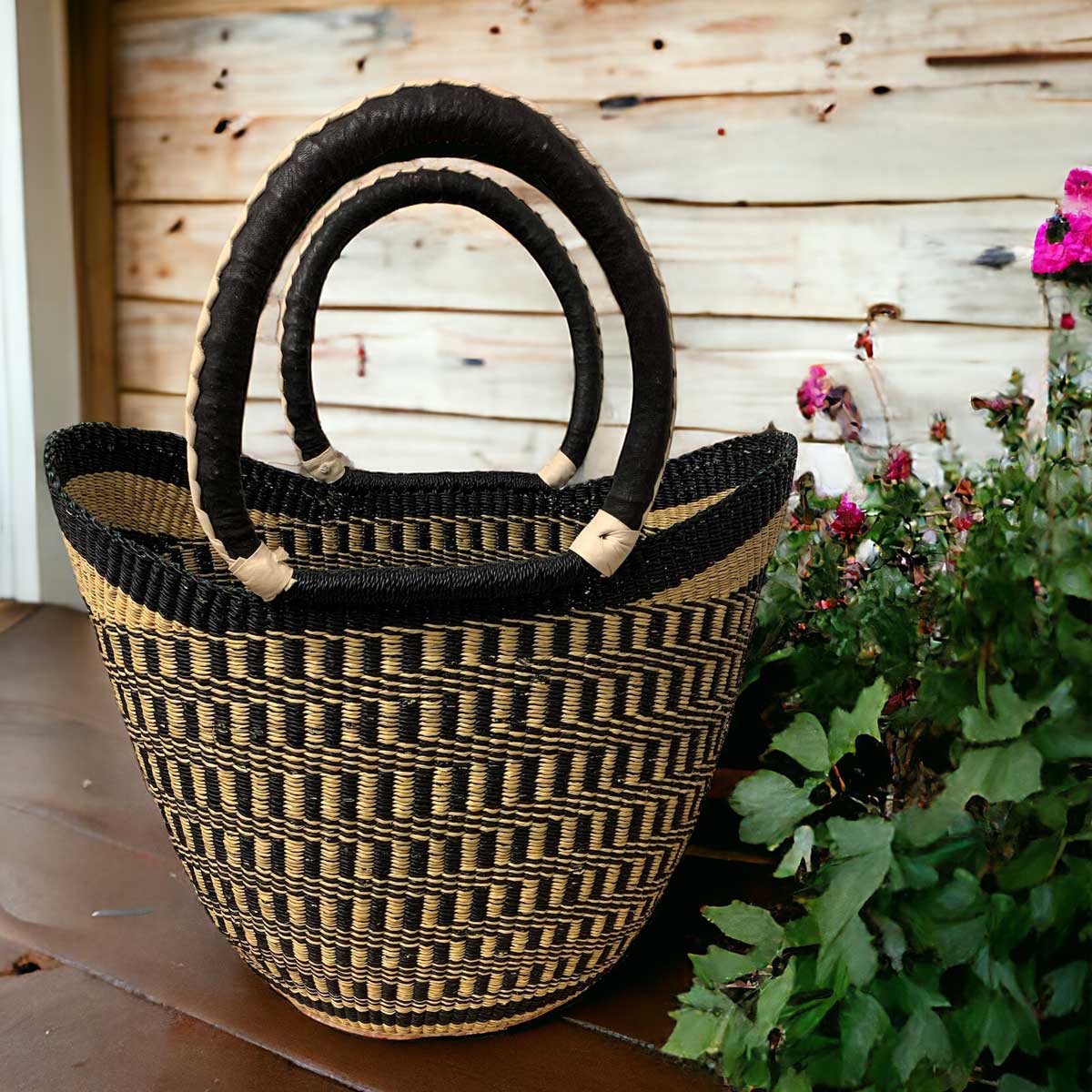 Black & Natural Patterned Market Basket