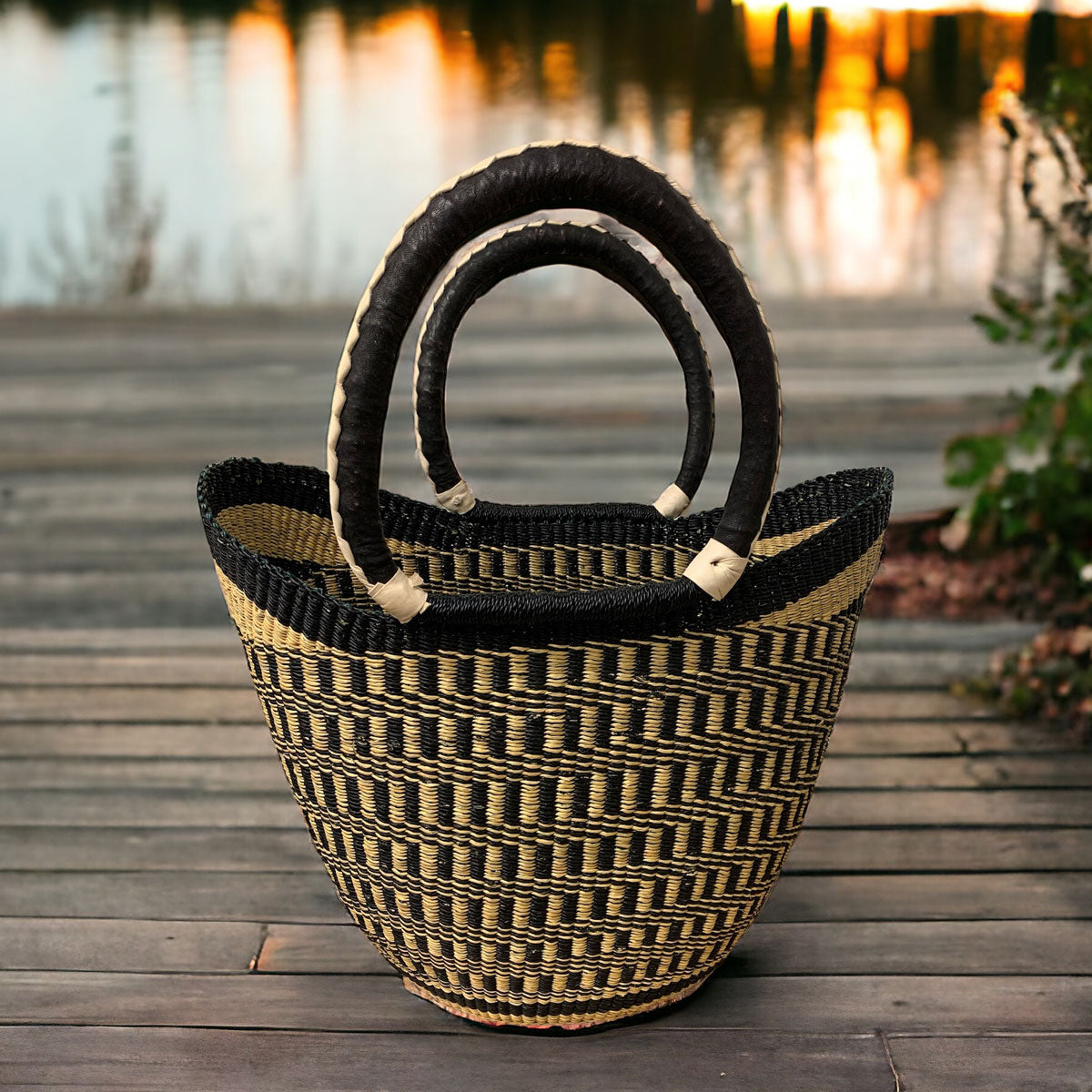 Black & Natural Patterned Market Basket