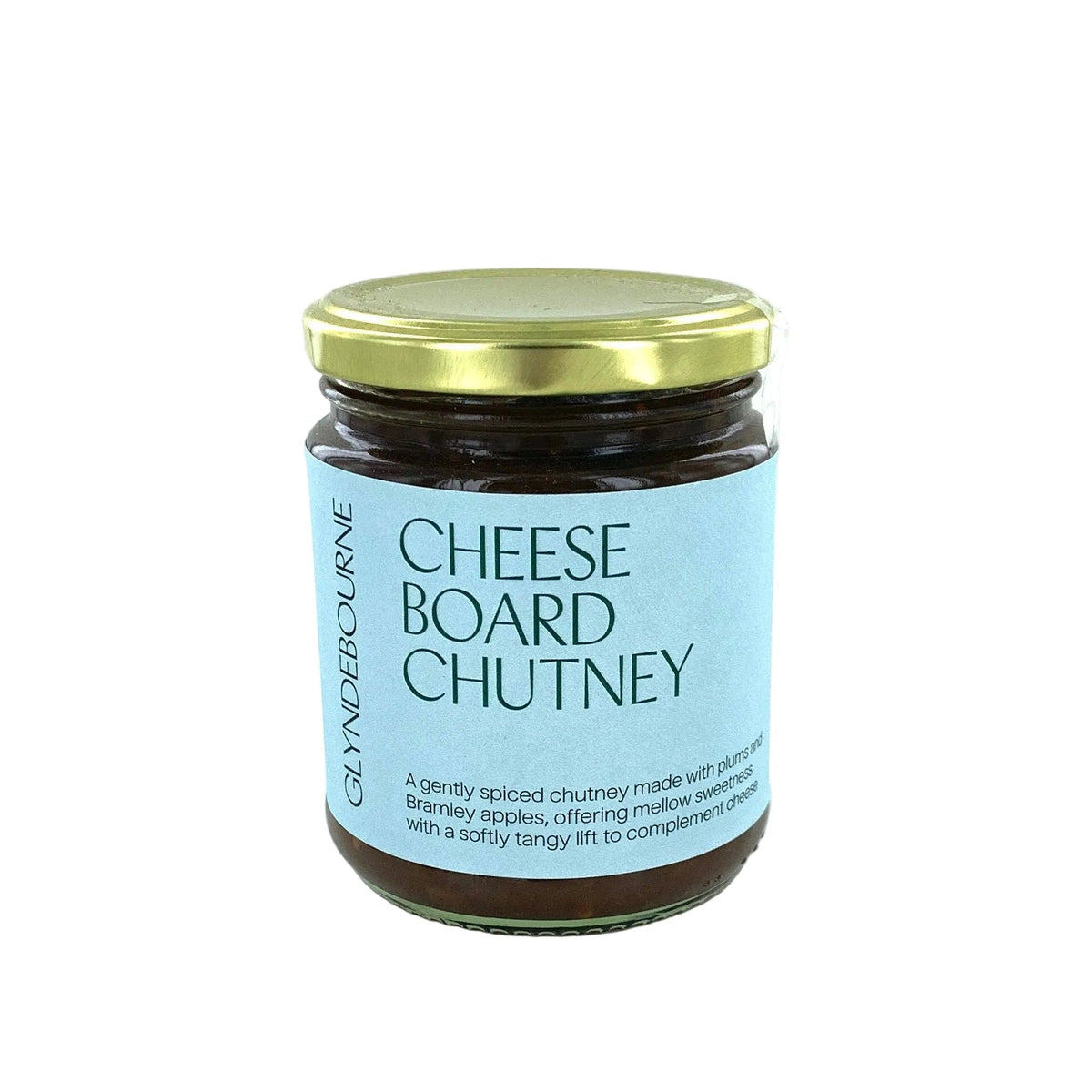 A glass jar of Glyndeboure Cheese Board Chutney with a gold metal lid and a light blue label, set against a plain white background.