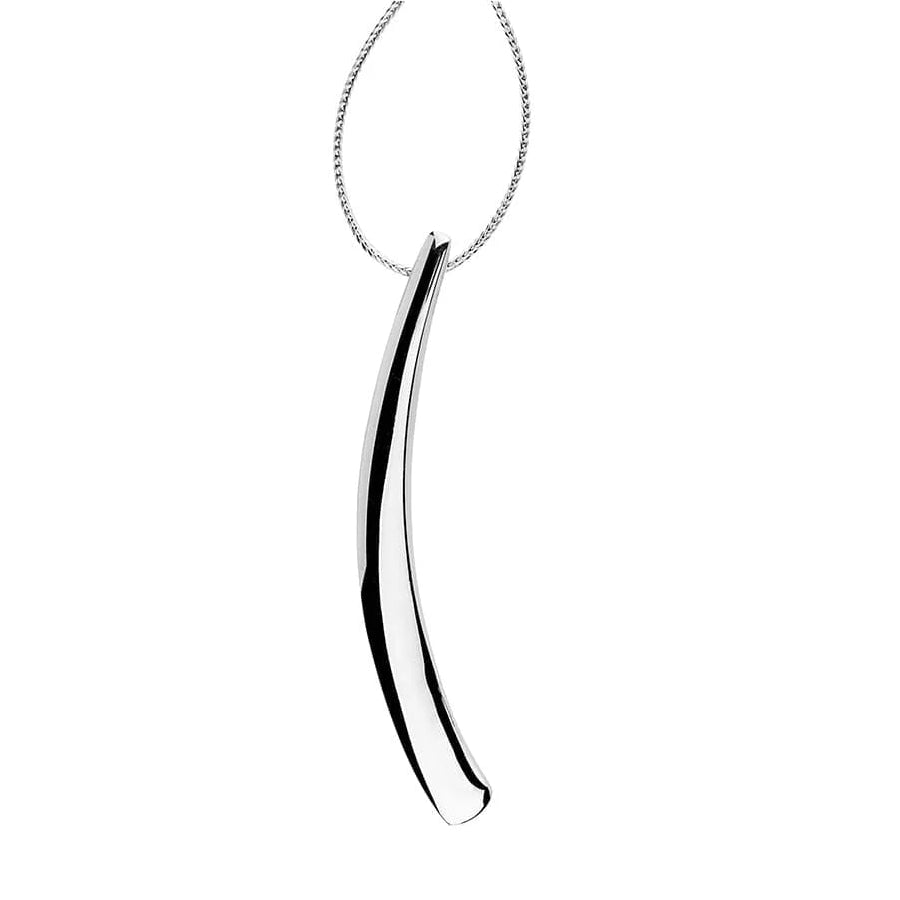 A polished silver pendant necklace featuring a curved, leaf-like silhouette on a delicate box chain, set against a solid white background.