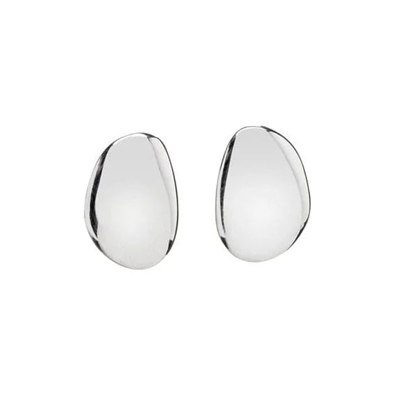 A pair of minimalist silver stud earrings with a small cross design on a solid white background.