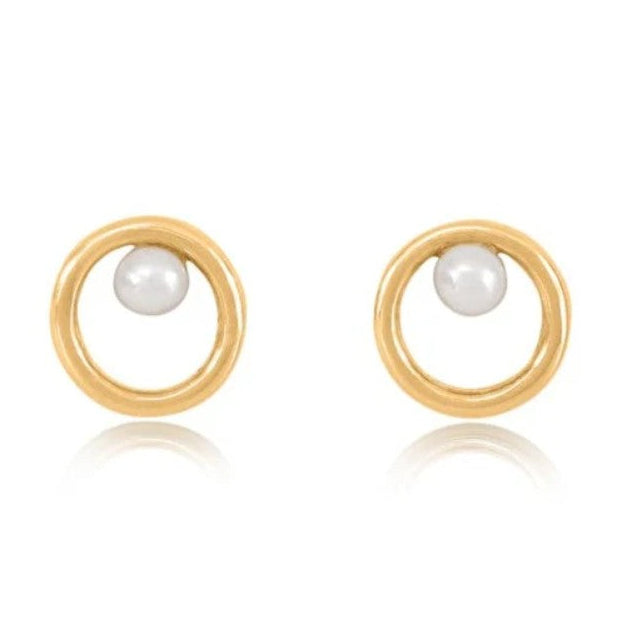 Gold Circle & Cultured Freshwater Pearl Stud Earrings