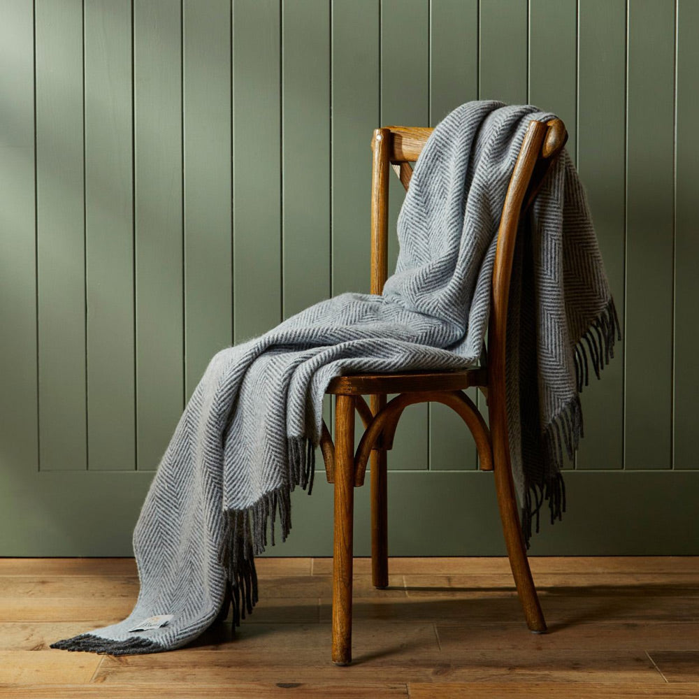 Powder Blue & Charcoal Herringbone Pure New Wool Knee Throw