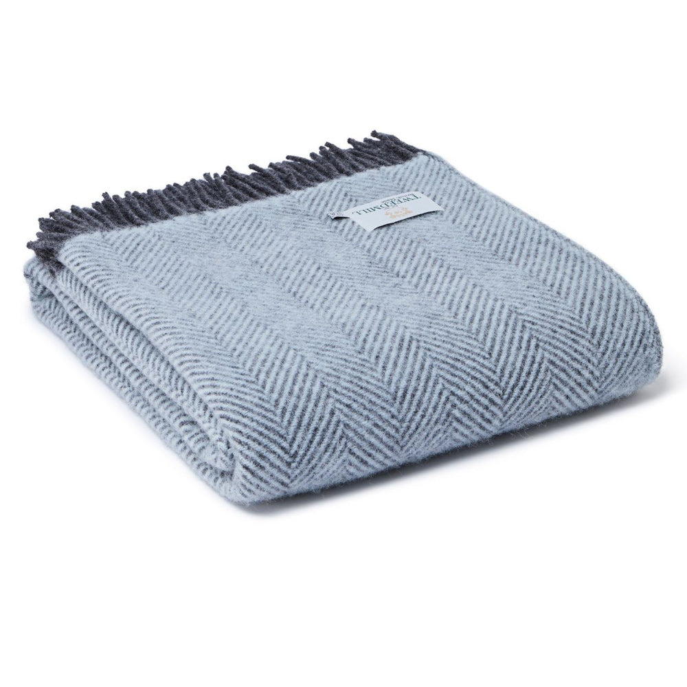 Powder Blue & Charcoal Herringbone Pure New Wool Knee Throw