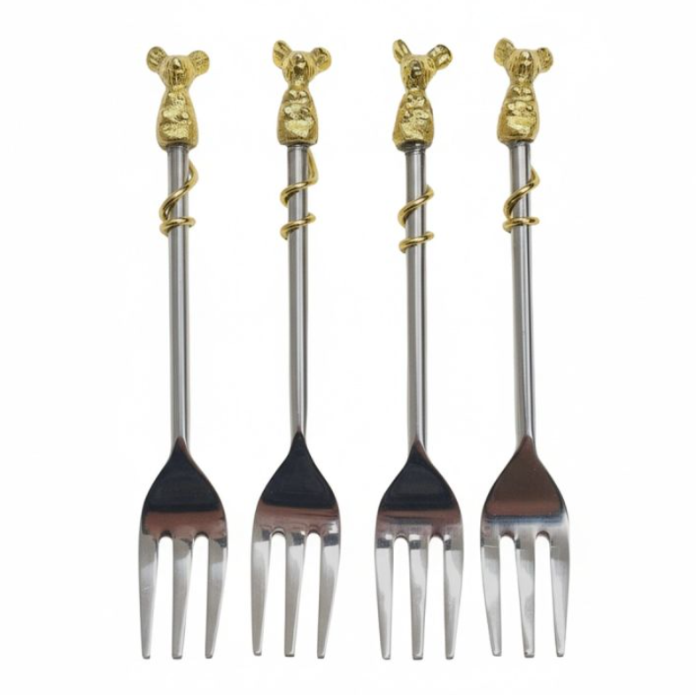 Four stainless steel serving forks with gold-colored mouse-shaped handles and gold wire wrapping, arranged in a row on a white background.