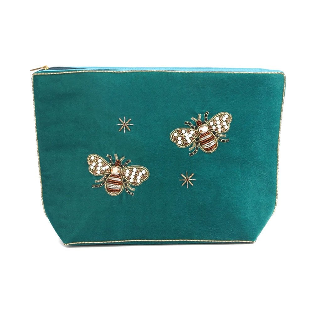 Teal Velvet Bee Cosmetic Purse