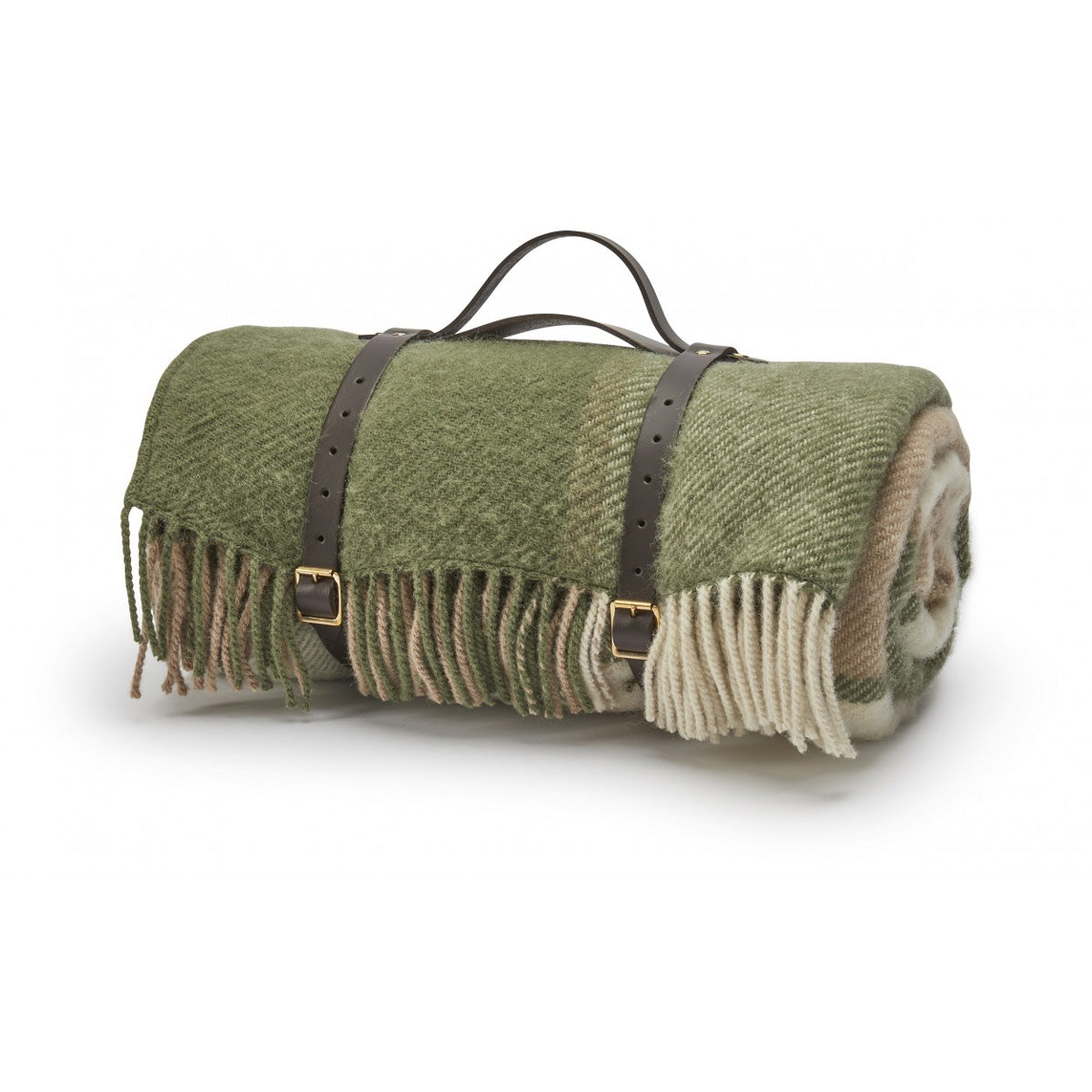 Block Check Olive Pure New Wool Picnic Rug & Leather Straps