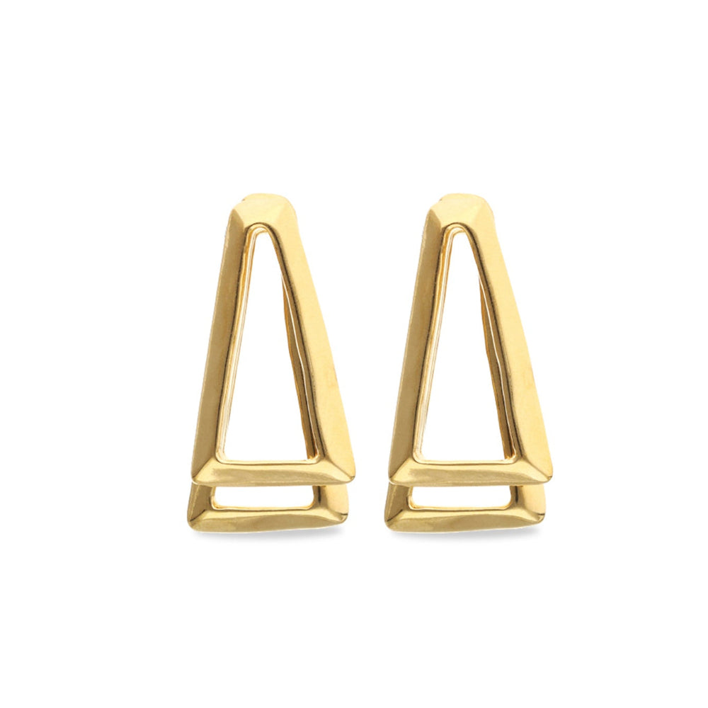 A pair of gold geometric triangle stud earrings with a polished finish, displayed on a clean white background.