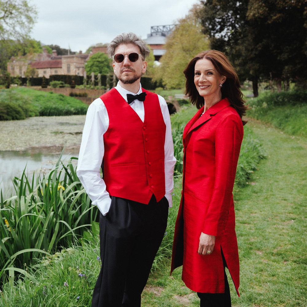 red silk waistcoat and jacket
